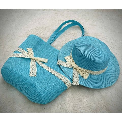 set túi cói đi biển đính nơ ren kèm nón cói nhiều màu sắc cho nữ đi biển, đi du lịch