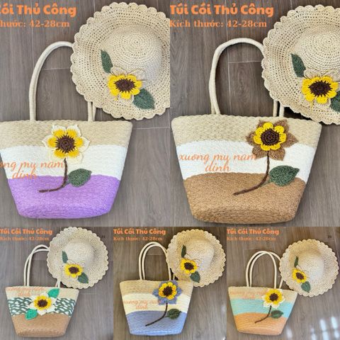 Set túi cói bện size to, nón cói handmade hoa hướng dương có khoá kéo, nón cói thủ công thoáng mát phù hợp mọi hoàn cảnh