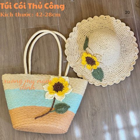 Set túi cói bện size to, nón cói handmade hoa hướng dương có khoá kéo, nón cói thủ công thoáng mát phù hợp mọi hoàn cảnh