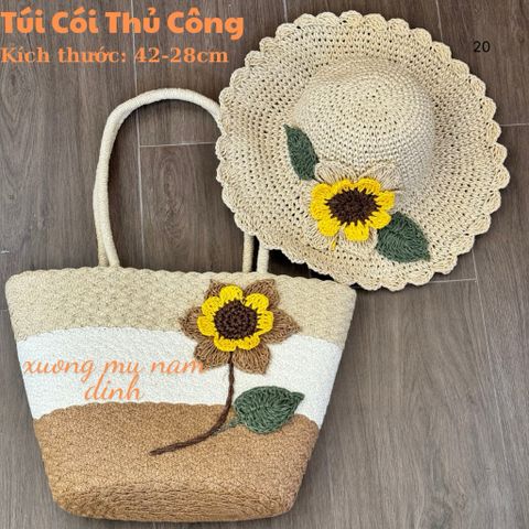 Set túi cói bện size to, nón cói handmade hoa hướng dương có khoá kéo, nón cói thủ công thoáng mát phù hợp mọi hoàn cảnh