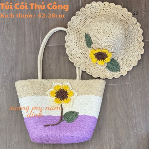 Set túi cói bện size to, nón cói handmade hoa hướng dương có khoá kéo, nón cói thủ công thoáng mát phù hợp mọi hoàn cảnh