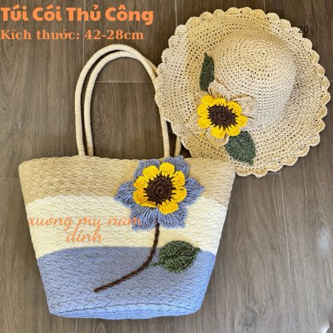 Set túi cói bện size to, nón cói handmade hoa hướng dương có khoá kéo, nón cói thủ công thoáng mát phù hợp mọi hoàn cảnh