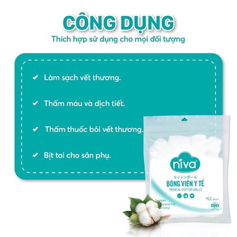 Bông Gòn Viên Tròn Y Tế NIVA YC2 16mm - Gói 100 Viên Dùng Để Chăm Sóc Vết Thương, Bịt Tai Phụ Nữ Sau Sinh