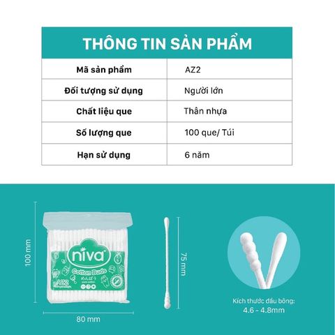 Combo 3 Túi Tăm Bông Niva 100 Que Thân Nhựa AZ2 - Vệ Sinh Tai, Trang Điểm, An Toàn và Tiện Lợi