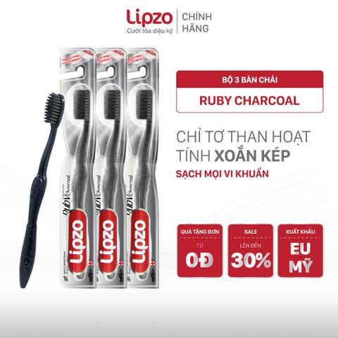 Combo 3 Bàn Chải Đánh Răng Lipzo Ruby Charcoal Cho Răng Nhạy Cảm - Công Nghệ Than Hoạt Tính Kháng Khuẩn Siêu Mềm
