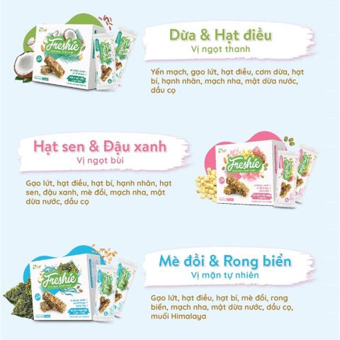 Set 3 Thanh Gạo Lứt Mix Hạt Dinh Dưỡng Freshie - Granola Bar Thuần Thực Vật Vị Hạt Sen, Đậu Xanh, Mè Đồi, Rong Biển, Dừa, Hạt Điều