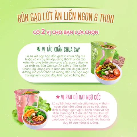 Combo mix 2 ly bún gạo lứt ăn liền NGON & THON vị rau củ hạt ngũ cốc và tảo xoắn chua cay