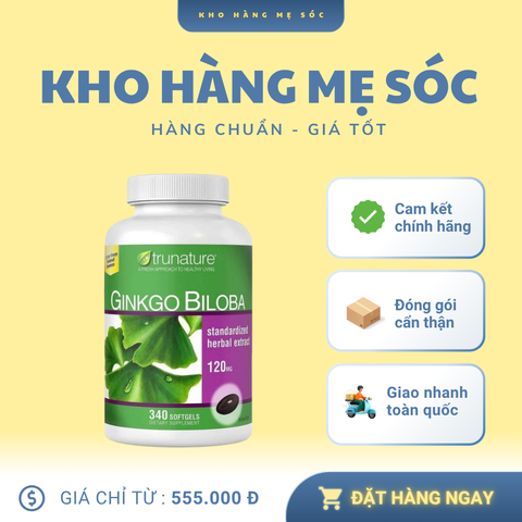 (Fullbox) Viên uống Trunature Ginkgo Biloba 120mg 340 viên - Hỗ trợ trí nhớ và tuần hoàn máu não cho người lớn, sản phẩm Mỹ