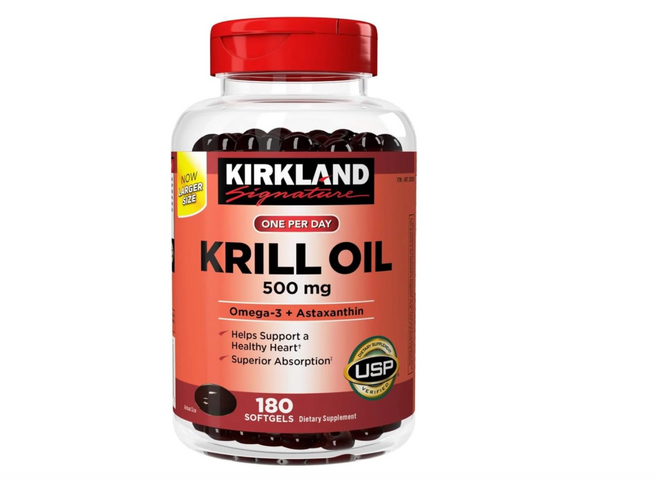 Viên uống dầu nhuyễn thể Kirkland Signature Krill Oil 500mg 180 viên - Hỗ trợ sức khỏe tim mạch và não bộ, bổ sung Omega-3 tự nhiên