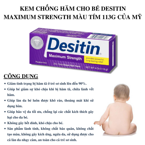 Kem trị hăm Desitin Maximum Strength màu tím 113gr - An toàn cho trẻ sơ sinh, Giảm hăm tã hiệu quả từ Mỹ