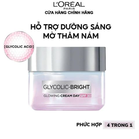 Kem Dưỡng Da Ban Ngày L'Oreal Paris Glycolic AHA 50ml - Kem Sáng Da, Mờ Thâm Nám, Chống Nắng SPF 30, Làm Rạng Rỡ Làn Da