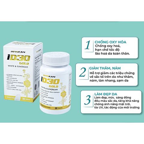 Viên Uống Trắng Da PETYFAN ID30 Gold White & Suncream - Giảm Nám, Chống Nắng, Chống Lão Hóa - Hộp 30 Viên Mỹ