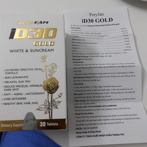 Viên Uống Trắng Da PETYFAN ID30 Gold White & Suncream - Giảm Nám, Chống Nắng, Chống Lão Hóa - Hộp 30 Viên Mỹ