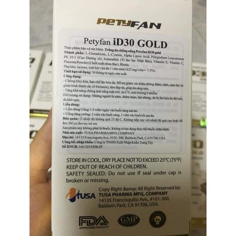 Viên Uống Trắng Da PETYFAN ID30 Gold White & Suncream - Giảm Nám, Chống Nắng, Chống Lão Hóa - Hộp 30 Viên Mỹ