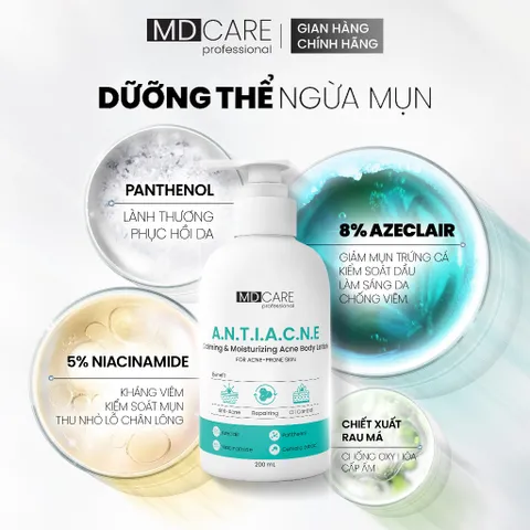 Sữa Dưỡng Thể MD CARE Chống Mụn - Dưỡng Ẩm Với 8% Azeclair & 5% Niacinamide 200ml, Giúp Làm Dịu Da Mụn, Trị Mụn Lưng Ngực