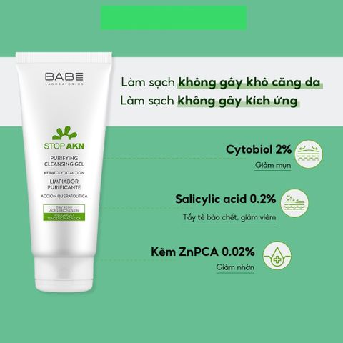 Sữa Rửa Mặt BaBe Stop AKN Purifying Cleansing Gel 200ml - Kiểm Soát Bã Nhờn, Làm Sạch Dịu Nhẹ, Phù Hợp Cho Da Nhờn và Dễ Bị Mụn