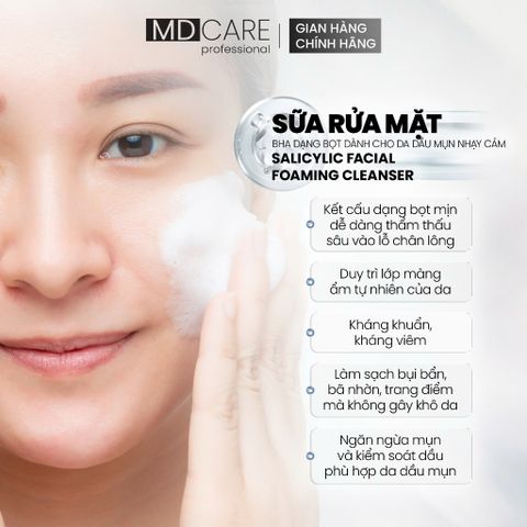 Sữa Rửa Mặt Bọt MD CARE BHA Cho Da Dầu Mụn Nhạy Cảm 200ml - Giải Pháp Làm Sạch Sâu, Kiểm Soát Dầu và Ngăn Ngừa Mụn