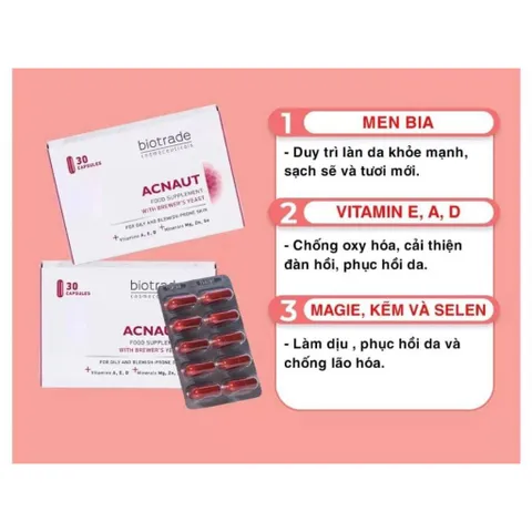 Viên Uống Giảm Mụn Biotrade Acnaut - Thực Phẩm Chức Năng 30 Viên, Hỗ Trợ Da Sáng Khỏe, Giảm Thâm, Kiềm Dầu