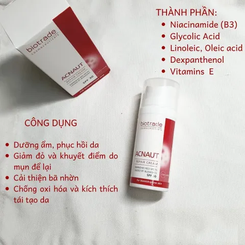 Kem Dưỡng Biotrade Acnaut Repair Cream 30ml - Ngừa Sẹo, Tái Tạo Da Sau Mụn, Loại Bỏ Đốm Đỏ, Chống Nắng SPF 30, Chống Oxy Hóa