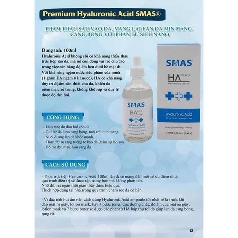 Tinh Chất Serum SMAS HA Plus 100ml - Hyaluronic Acid Premium Dưỡng Ẩm, Làm Trắng Sáng Da, Cấp Nước Cho Da Khỏe Mạnh, Rạng Rỡ