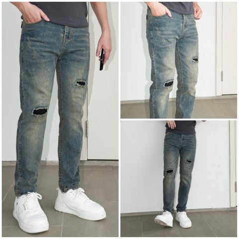 Quần Jean Nam Slimfit Màu Rêu Rách Vintage - Quần Co Giãn 4 Chiều Dáng Skinny Có Túi Thời Trang Cao Cấp
