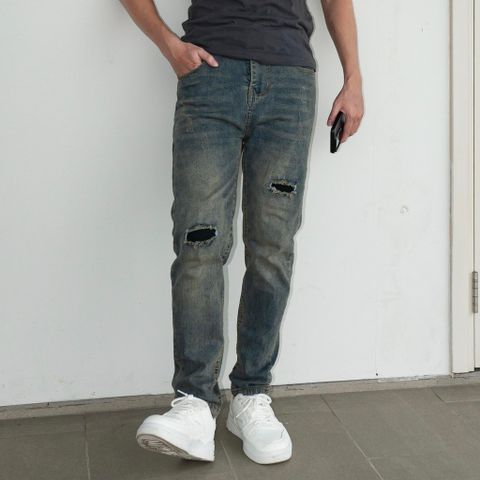 Quần Jean Nam Slimfit Màu Rêu Rách Vintage - Quần Co Giãn 4 Chiều Dáng Skinny Có Túi Thời Trang Cao Cấp