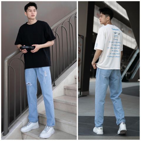 Quần Jean Baggy Rách Gối Unisex Màu Xanh Nhạt - Thời Trang Nam Nữ Chất Liệu Denim Bền Đẹp, Phong Cách Trẻ Trung