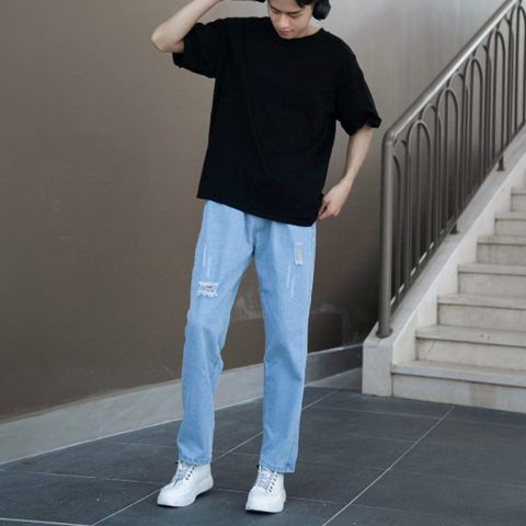 Quần Jean Baggy Rách Gối Unisex Màu Xanh Nhạt - Thời Trang Nam Nữ Chất Liệu Denim Bền Đẹp, Phong Cách Trẻ Trung