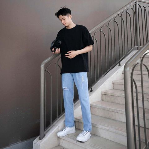 Quần Jean Baggy Rách Gối Unisex Màu Xanh Nhạt - Thời Trang Nam Nữ Chất Liệu Denim Bền Đẹp, Phong Cách Trẻ Trung