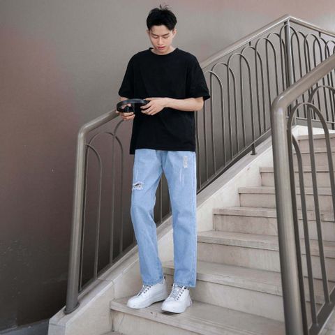 Quần Jean Baggy Rách Gối Unisex Màu Xanh Nhạt - Thời Trang Nam Nữ Chất Liệu Denim Bền Đẹp, Phong Cách Trẻ Trung