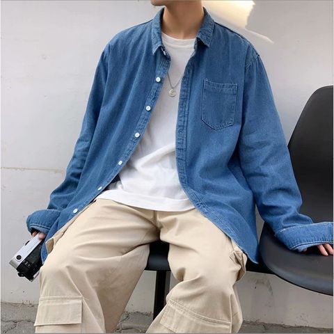 Áo sơ mi nam jean dài tay phom rộng chất cotton mềm mại phong cách Hàn Quốc - Thời trang dạo phố và công sở PON.MENS