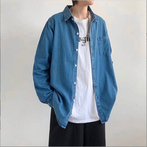Áo sơ mi nam jean dài tay phom rộng chất cotton mềm mại phong cách Hàn Quốc - Thời trang dạo phố và công sở PON.MENS