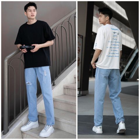 Quần Jean Nam Baggy Rách Gối Unisex Ống Suông Màu Xanh Xám - Thời Trang Đẹp Giá Rẻ Pon.mens