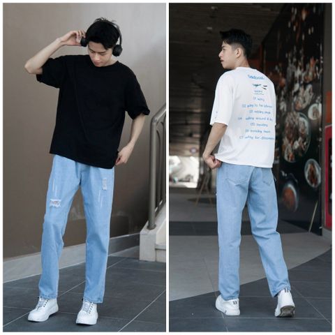 Quần Jean Nam Baggy Rách Gối Unisex Ống Suông Màu Xanh Xám - Thời Trang Đẹp Giá Rẻ Pon.mens