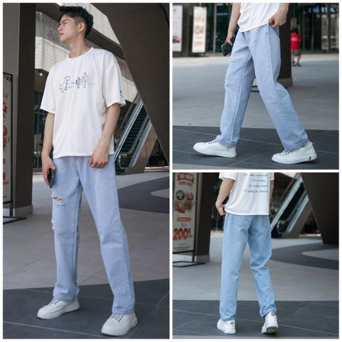 Quần Jeans Baggy Nam Rách Gối Màu Xanh Trắng Nhạt - Chất Denim Cotton Bền Bỉ, Kiểu Dáng Unisex Thời Trang