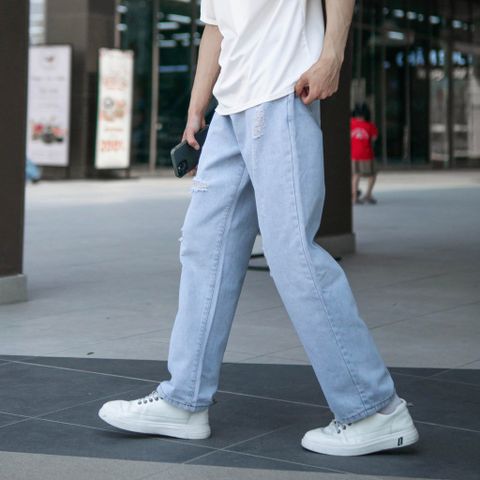 Quần Jeans Baggy Nam Rách Gối Màu Xanh Trắng Nhạt - Chất Denim Cotton Bền Bỉ, Kiểu Dáng Unisex Thời Trang