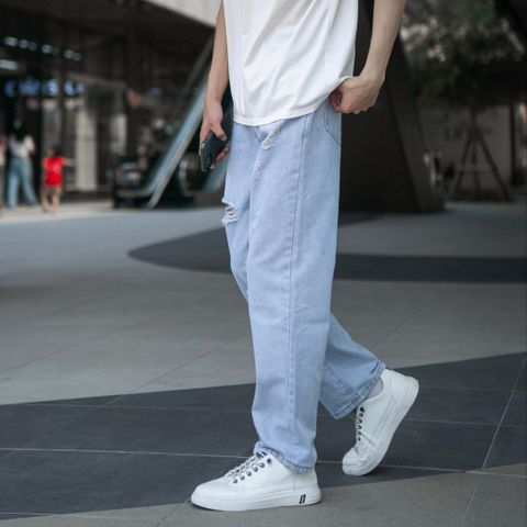 Quần Jeans Baggy Nam Rách Gối Màu Xanh Trắng Nhạt - Chất Denim Cotton Bền Bỉ, Kiểu Dáng Unisex Thời Trang