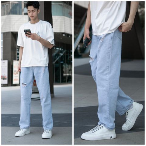Quần Jeans Baggy Nam Rách Gối Màu Xanh Trắng Nhạt - Chất Denim Cotton Bền Bỉ, Kiểu Dáng Unisex Thời Trang