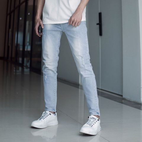 Quần Jean Rách Gối Nam Slimfit Co Giãn Màu Xanh Nhạt Pon.mens - Chất Denim 98% Cotton, Phong Cách Thời Trang Thể Hiện Ấn Tượng