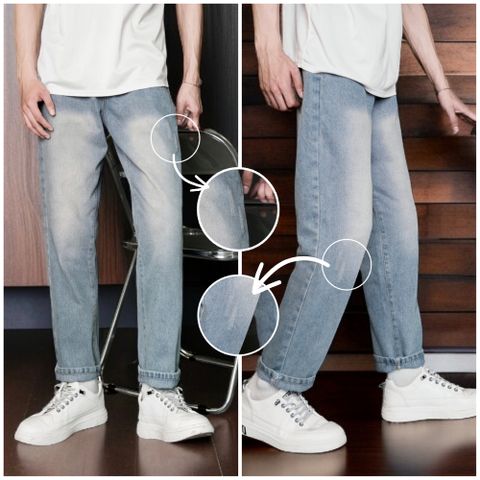Quần Jean Baggy Ống Suông Nam Nữ Màu Xanh Trơn Rách Xước Co Túi - Thời Trang Năng Đ động Menwears Pon.mens