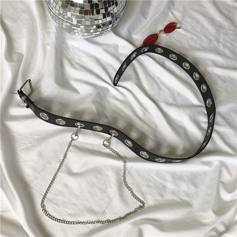 Thắt Lưng Da PU Đen Thời Trang Nam Nữ - Dây Nịt Trẻ Trung Lỗ To Trang Trí Dây Chain 105cm, Kiểu Khóa Kim Sang Trọng