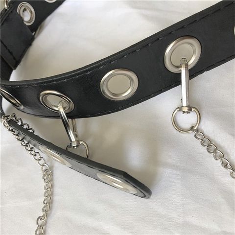 Thắt Lưng Da PU Đen Thời Trang Nam Nữ - Dây Nịt Trẻ Trung Lỗ To Trang Trí Dây Chain 105cm, Kiểu Khóa Kim Sang Trọng