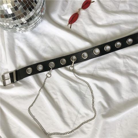 Thắt Lưng Da PU Đen Thời Trang Nam Nữ - Dây Nịt Trẻ Trung Lỗ To Trang Trí Dây Chain 105cm, Kiểu Khóa Kim Sang Trọng