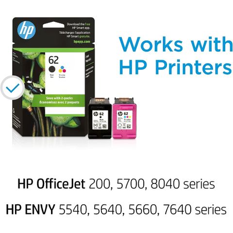 Mực Máy In HP 62 Đen, Ba màu [2 hộp] | Hoạt động với HP ENVY 5540, 5640, 5660, 7640 Series...