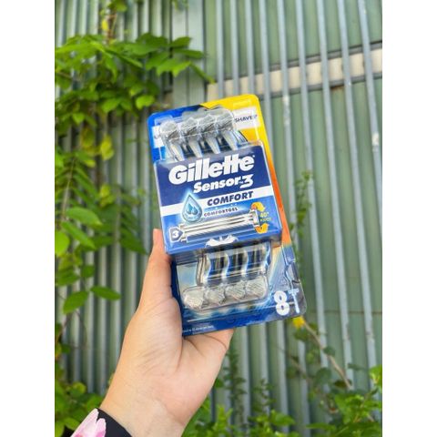 Set 8 Dao Cạo Râu Gillette Sensor 3 Comfort - Dao Cạo 3 Lưỡi Titanium, Kiểm Soát Cao Su, Lướt Mượt, An Toàn Cho Da
