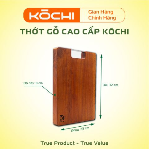 Thớt gỗ xà cừ KŌCHI cao cấp hình chữ nhật tay cầm Inox - An toàn, tự nhiên, kháng khuẩn, không hóa chất độc hại, bền đẹp cho nhà bếp