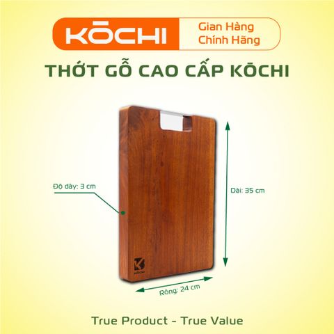 Thớt gỗ xà cừ KŌCHI cao cấp hình chữ nhật tay cầm Inox - An toàn, tự nhiên, kháng khuẩn, không hóa chất độc hại, bền đẹp cho nhà bếp