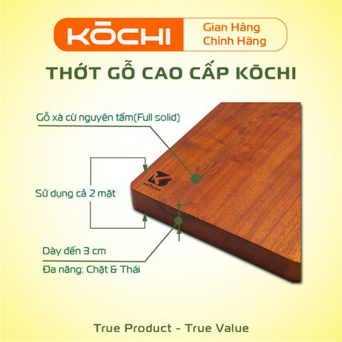 Thớt gỗ xà cừ KŌCHI cao cấp hình chữ nhật tay cầm Inox - An toàn, tự nhiên, kháng khuẩn, không hóa chất độc hại, bền đẹp cho nhà bếp