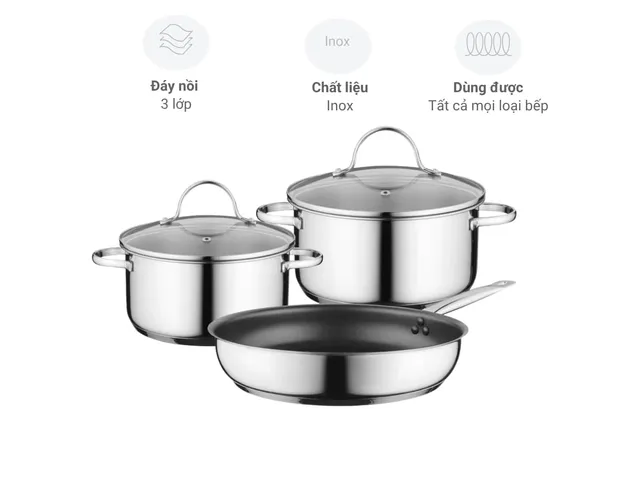 Bộ nồi inox Bosch HEZ9SE030 3 món - Nồi & Chảo Chống Dính Chất Lượng Cao An Toàn Dễ Vệ Sinh, Phù Hợp Mọi Loại Bếp