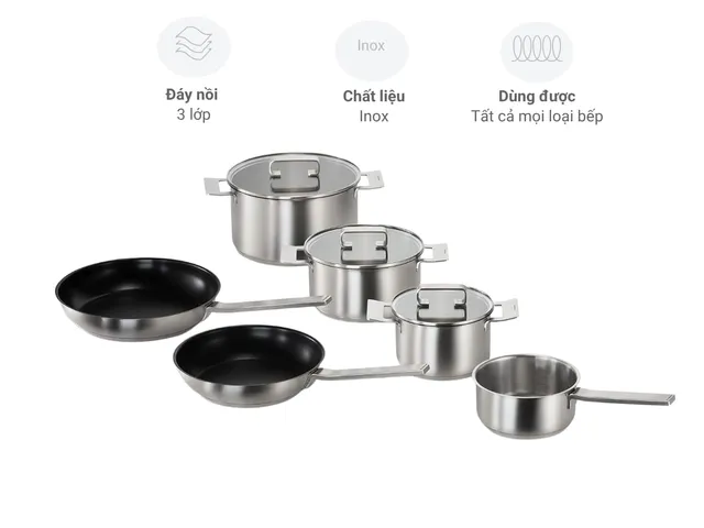 Bộ Nồi Inox Bosch HEZ9SE060 - 6 Món Chống Rỉ, 3 Lớp Siêu Bền, Phù Hợp Mọi Loại Bếp, Chảo Chống Dính, Sản Xuất Tại Đức